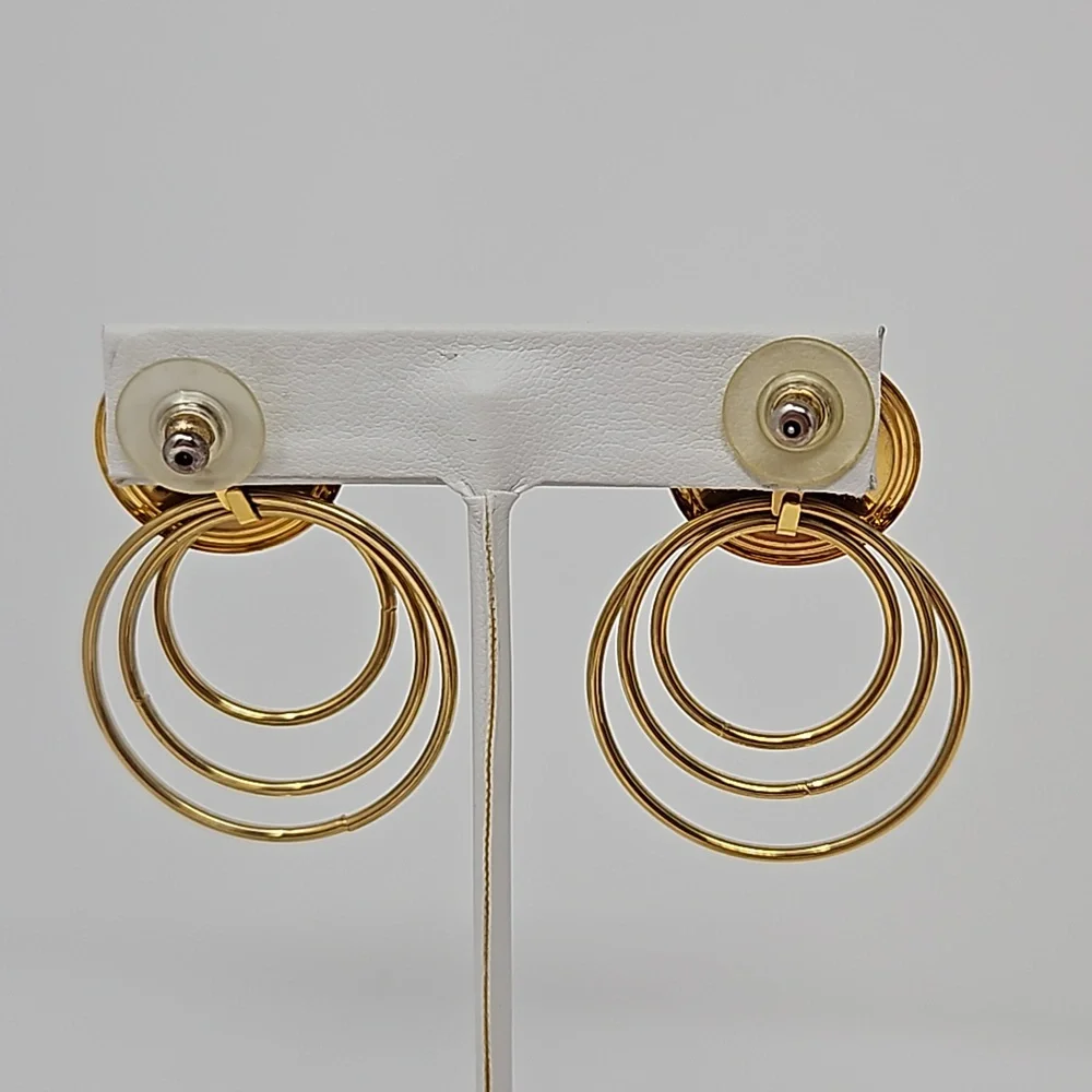 Vintage Enamel Circular Dangle Earrings Gold Tone Red Black Cream